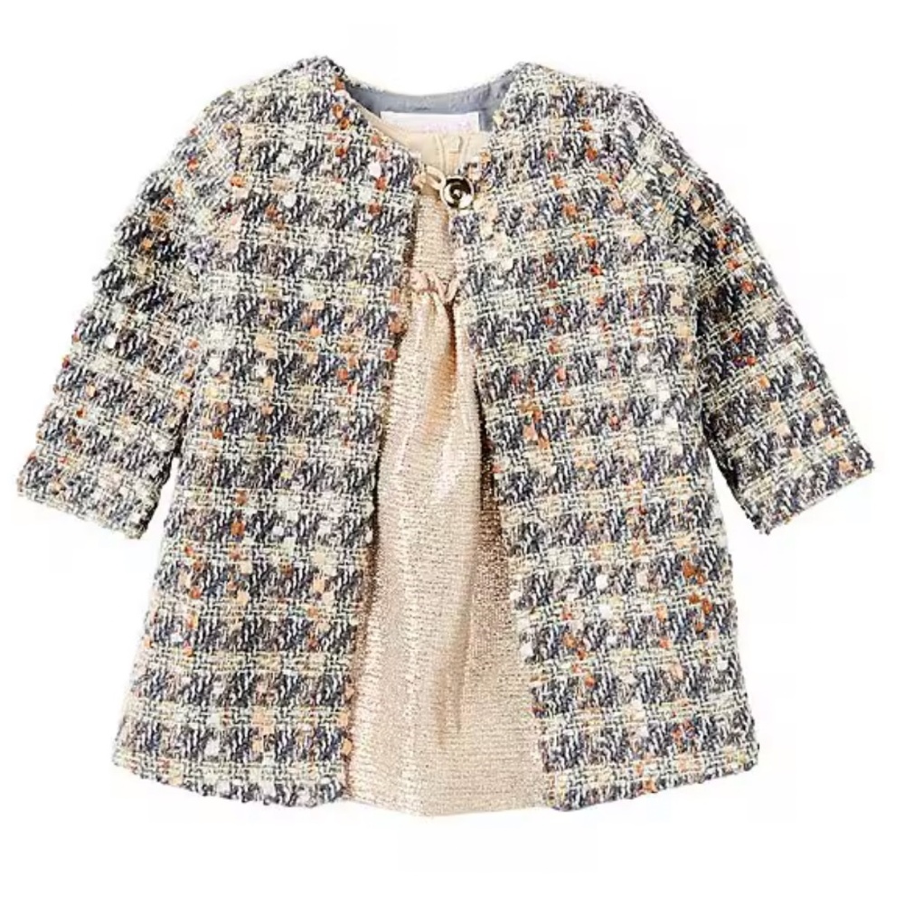 Bonnie Baby 3-6 M 24 M Long Sleeve Plaid Metallic Boucle Coat & Sleeveless NEW